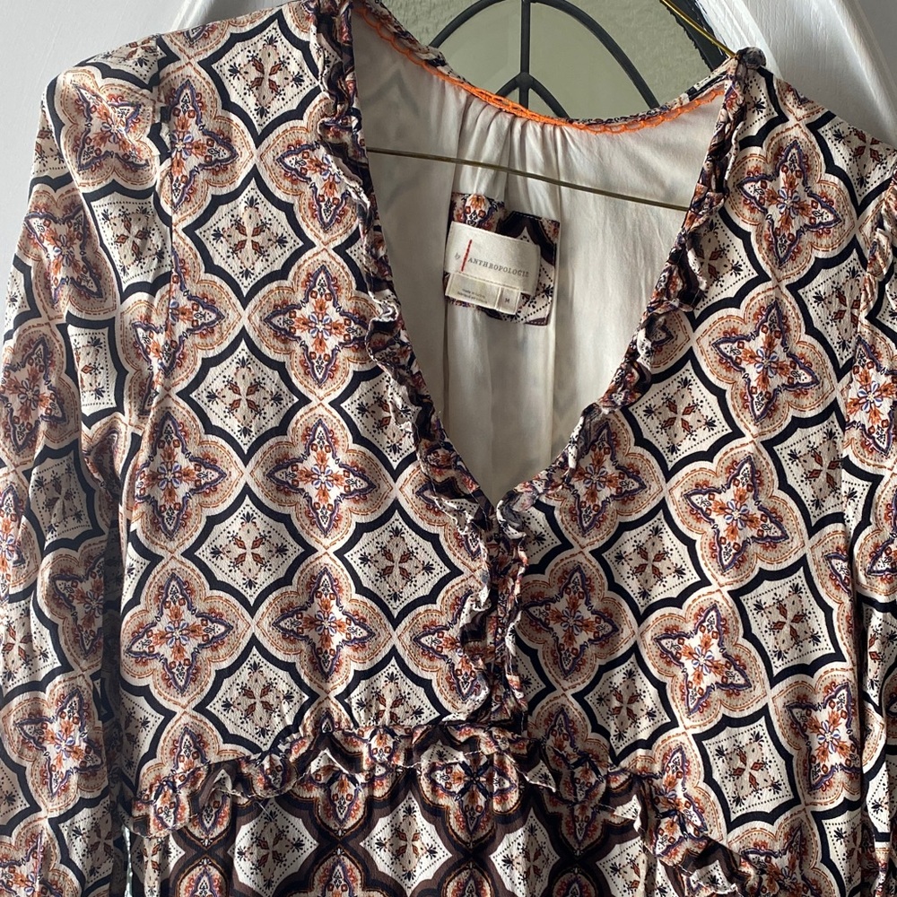 Anthropologie Bohemian Long Sleeve Dress - Cream and Brown - Picture 5 of 5